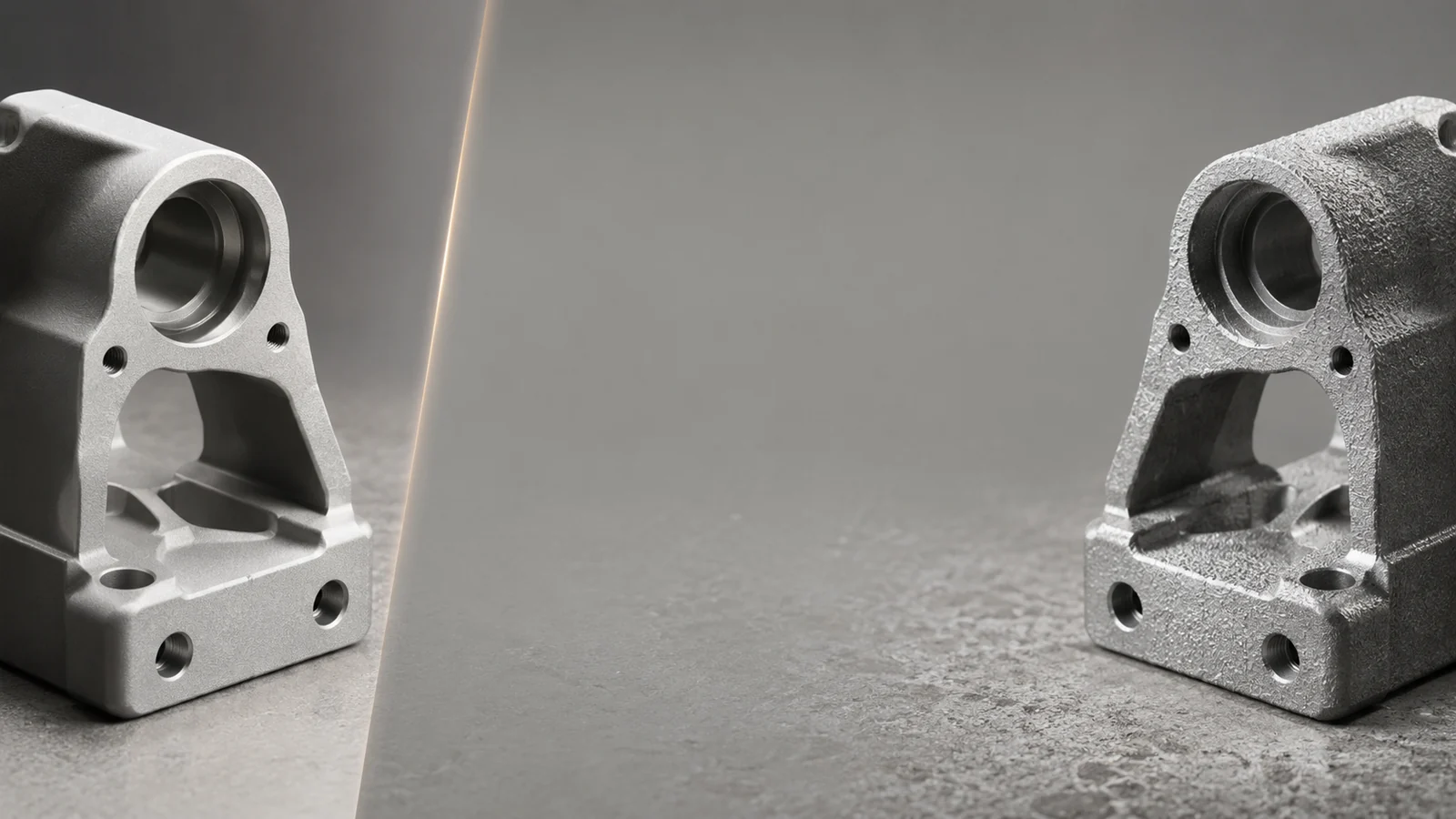 Two machined metal brackets comparing fine bead-blasted and rough abrasive-blasted finishes