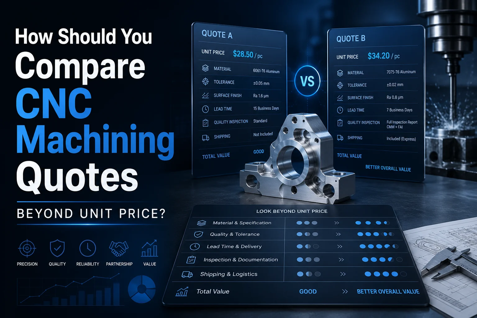 Two CNC machining quotations compared by material tolerance quality lead time and shipping