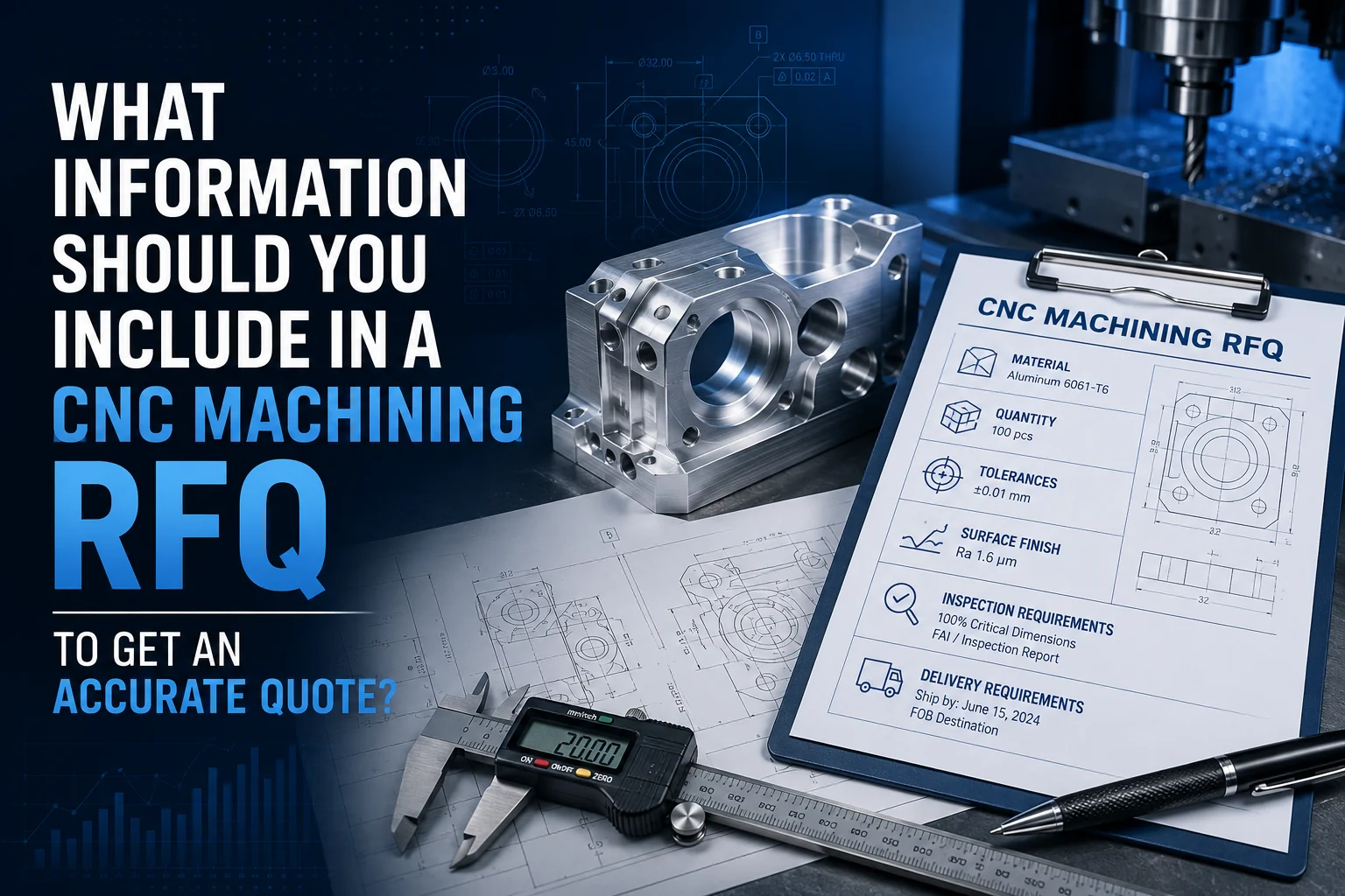 CNC machining RFQ checklist with drawing material tolerance finish and inspection details