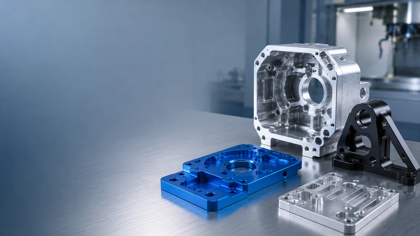 Blue anodized aluminum CNC part shown with precision-machined components